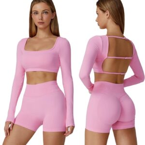 ABOCIW Workout Sets for Women 2 Piece Seamless Long Sleeve Crop Top Scrunch Butt High Waisted Shorts Gym Sets