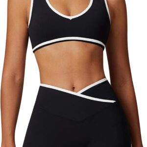 ABOCIW Workout Sets for Women Color Block Sports Bra Crossover Waist Shorts 2 Piece Gym Yoga Pilates Outfits
