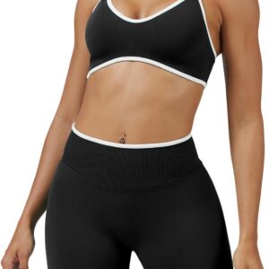 ABOCIW Workout Sets for Women Color Block Sports Bra Hidden Scrunch High Waist Biker Shorts 2 Piece Gym Yoga Outfits
