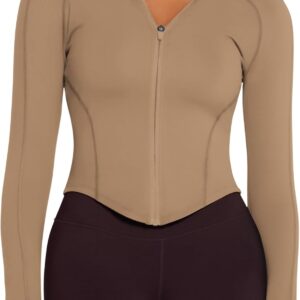 AVGO Women's Cropped Workout Jacket - Long Sleeve Lightweight Zip Up Athletic Yoga Jackets with Thumb Holes