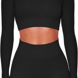Buttergene Women Workout Sets 2 Pieces Long Sleeve Yoga Outfits Gym Clothes Seamless Ribbed Crop Top High Waist Leggings