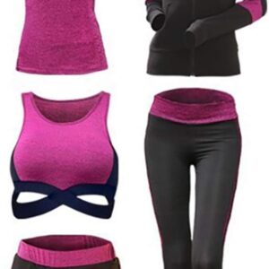 EVERTREND New Women Sportwear Solid Yoga Sport Suit Breathable Gym Set Female Bra T-Shirt Shorts Pants Workout Fitness Clothes XLTracksuit (Gym Set-5Pcs-RED,XL)