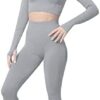 For Women By Women Seamless Leggings Women Yoga Set Gym Clothing Long Sleeve Crop Top Sports Bra Of Luxury Wear - Grey