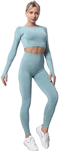 For Women By Women Seamless Leggings Women Yoga Set Gym Clothing Long Sleeve Crop Top Sports Bra Of Luxury Wear - Light Blue