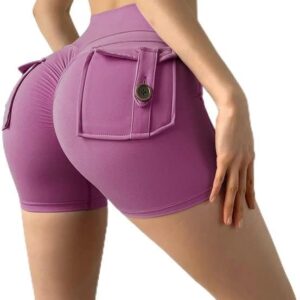 Women Sport High Waist Tights Buttocks Fitness Workout Leggings Push Up Cycling Shorts Gym Clothing with Pocket (as1, Waist, Numeric_48, Short, Purple, Small, Fitted)