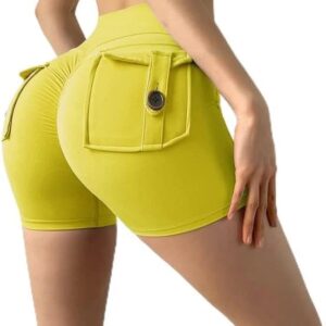 Women Sport High Waist Tights Buttocks Fitness Workout Leggings Push Up Cycling Shorts Gym Clothing with Pocket (as1, Waist, Numeric_56, Short, Yellow, Large, Fitted)