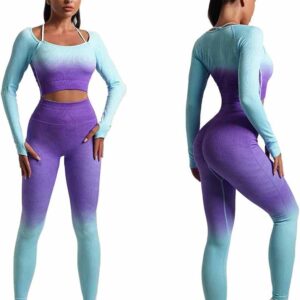 Women's Fitness Gym Outfit Yoga Crop Top & High Waisted Leggings Ombre 2 Pc Set